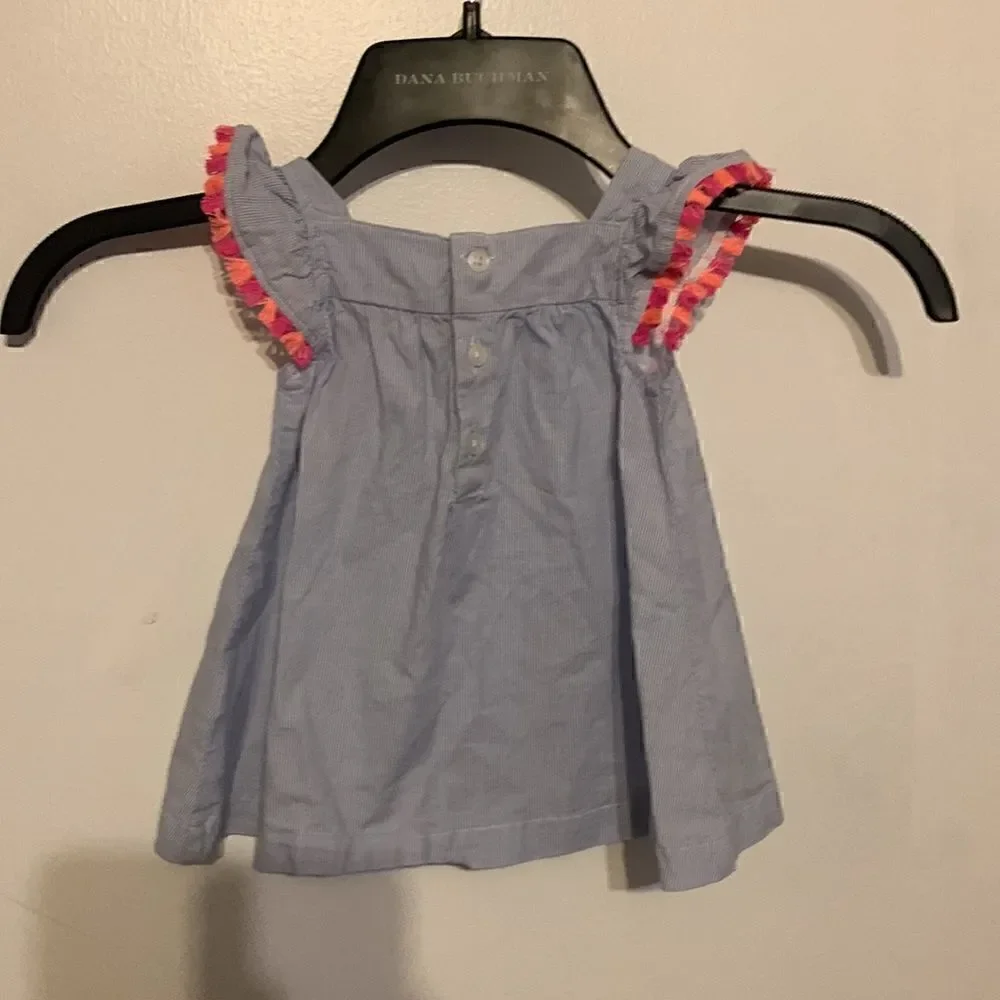 Carters EUC blue/white striped dress with neon floral/fringe detail Size 3 mo
